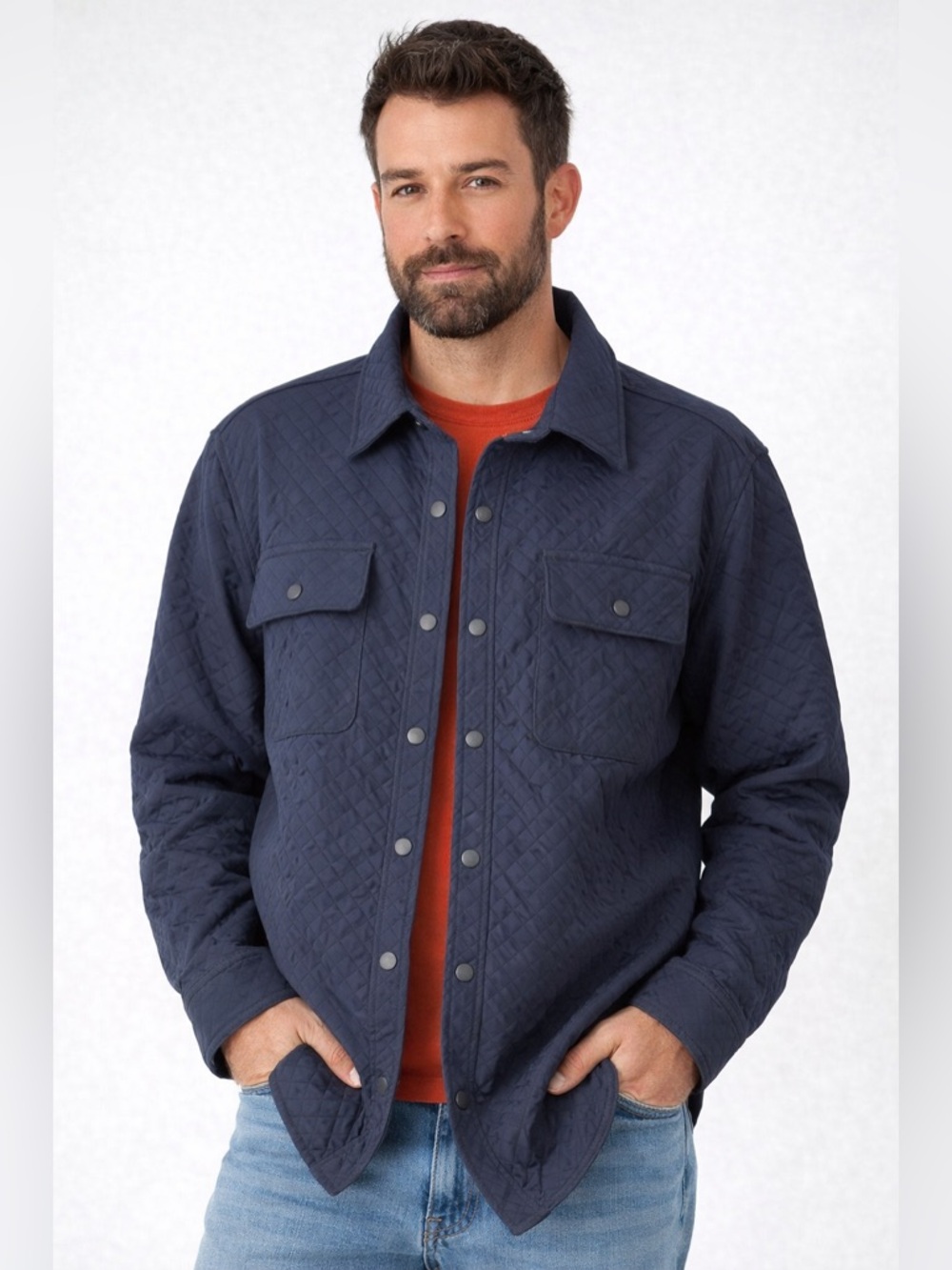 Orvis Quilted Jacket Size L Blue Snap Button Lightweight Shirt Jacket